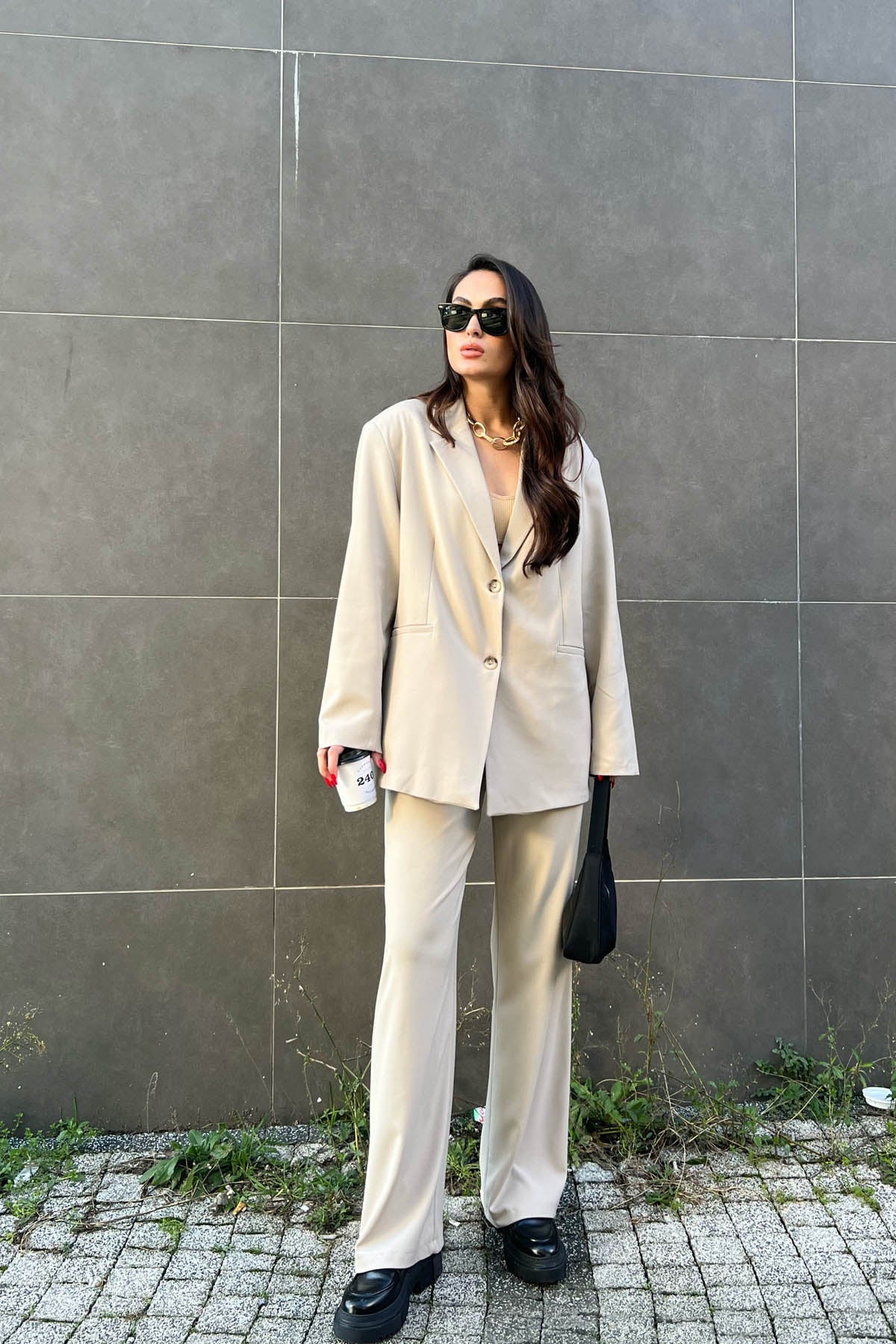 Önü Pileli Bej Palazzo  Pantolon SY-1605-Bej