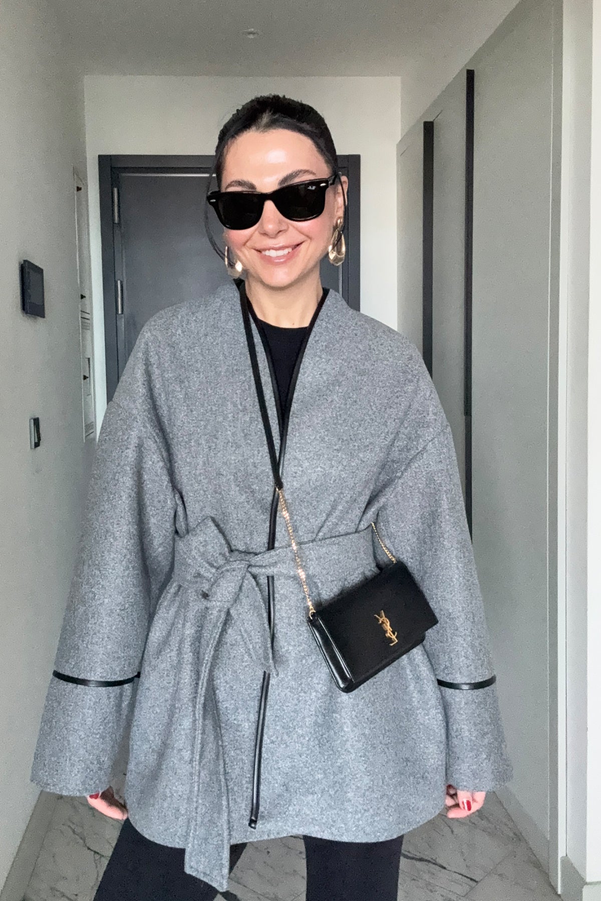 Gri Deri Biyeli Kemerli Palto Ceket SY-3484-Gri