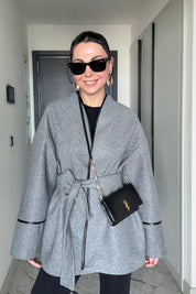 Gri Deri Biyeli Kemerli Palto Ceket SY-3484-Gri