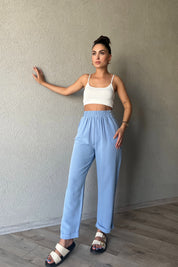 Mavi Bel Detaylı Keten Pantolon SY-2044-Mavi