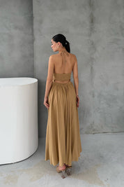 Camel Sırt Dekolteli Keten Uzun Elbise SY-2336-Camel