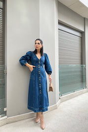 Balon Kol Kot Elbise SY-0297-Mavi