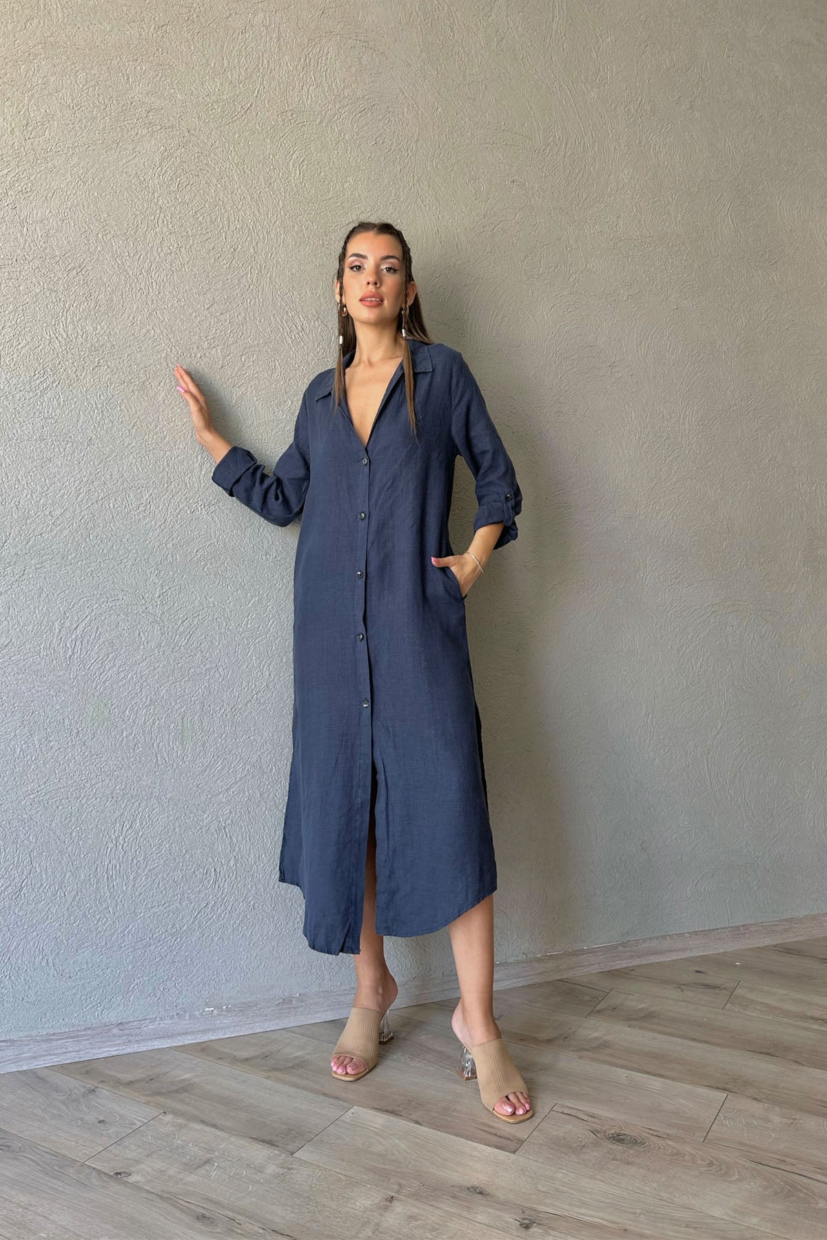 Lacivert Polo Yaka Düğmeli Yandan Yırtmaçlı Keten Elbise SY-0658-Lacivert