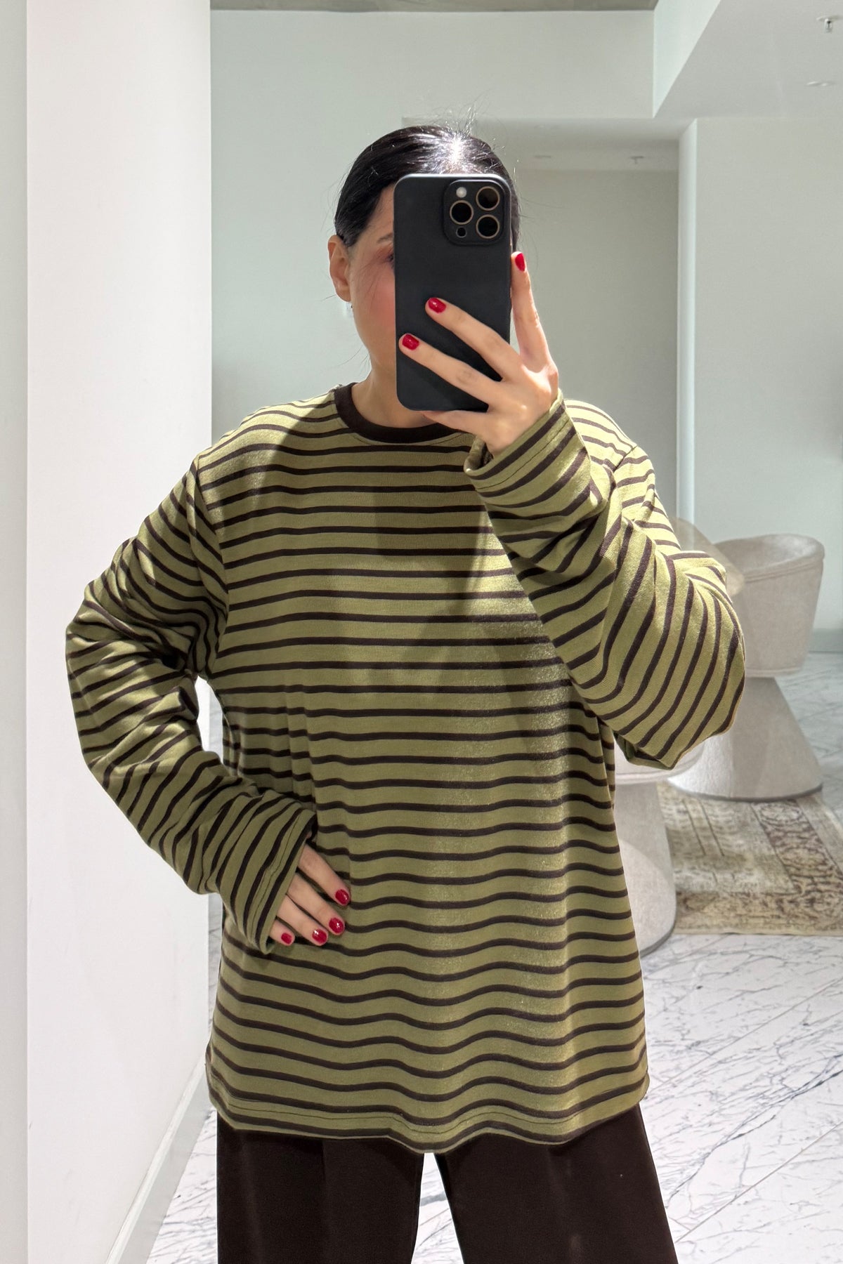 Kahve-Yeşil Biisiklet Yaka Çizgili Likralı Uzun Kollu T-Shirt SY-3645-Yeşil