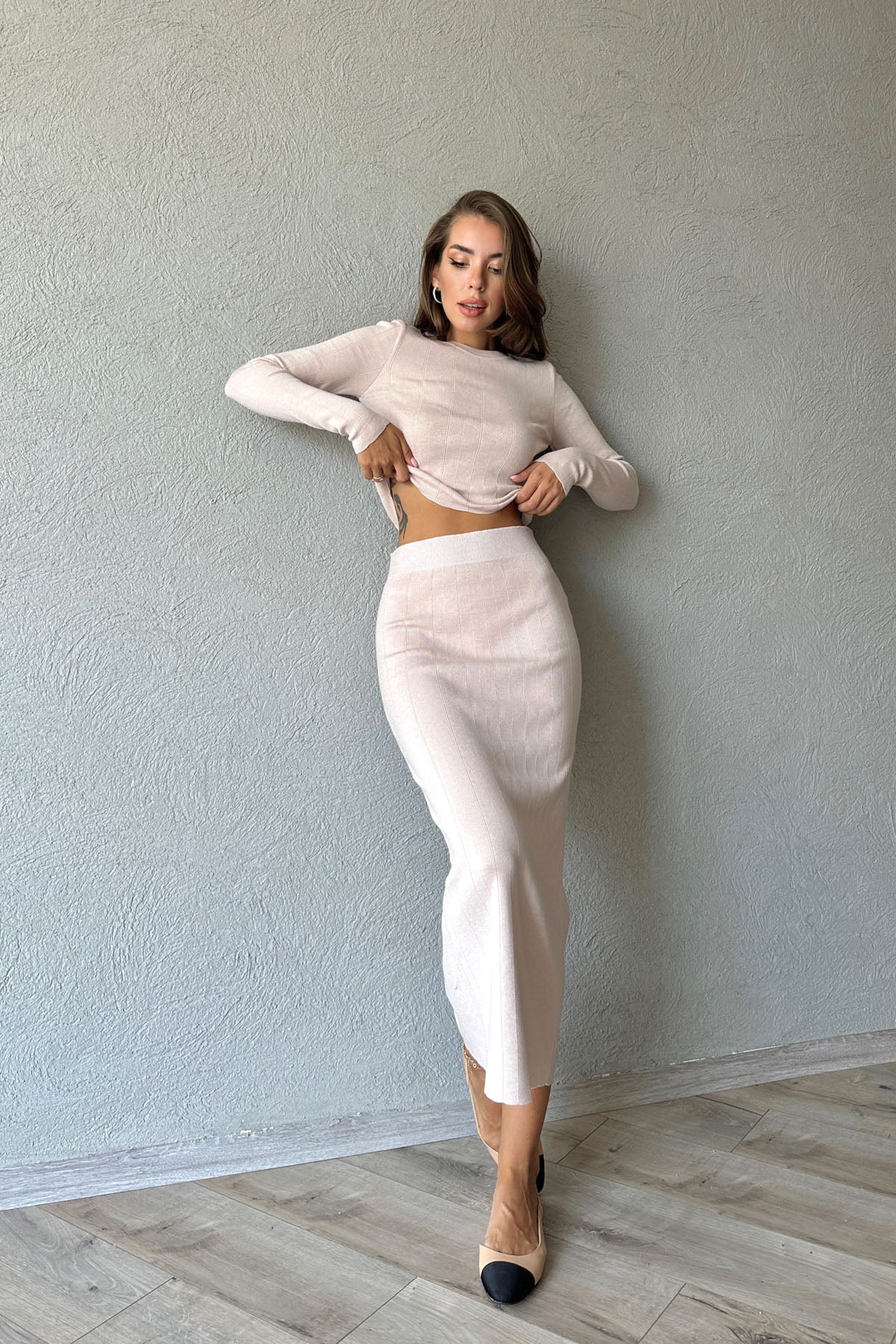 Ekru fitilli Uzun Kollu Bluz ve Etek Takım SY-0974-Ekru