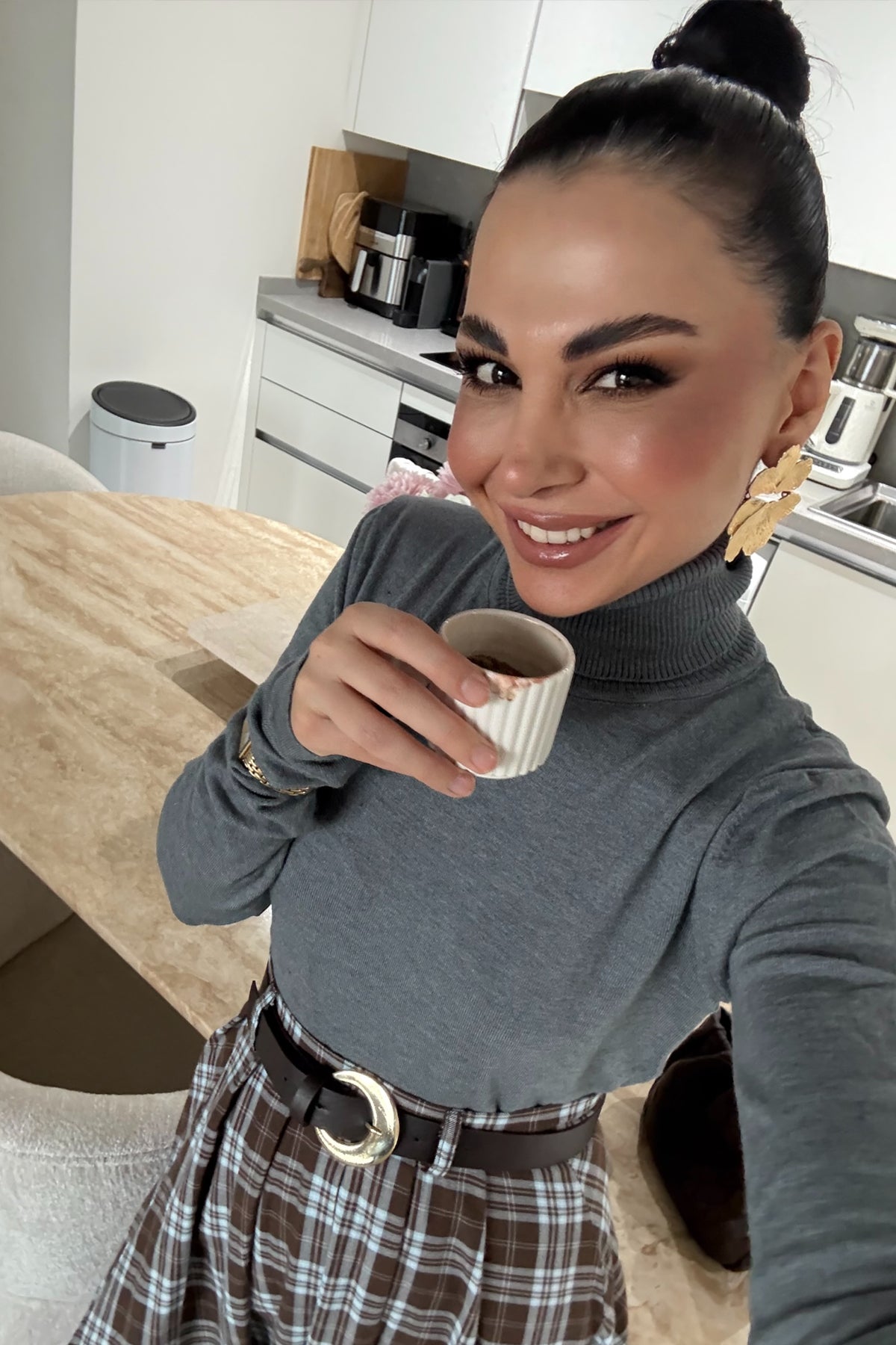 Ekose Desenli Yırtmaç Detaylı Kahveli Çizgili Kloş Etek SY-3494-Kahve