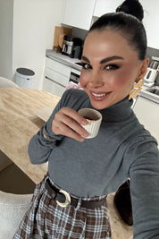 Ekose Desenli Yırtmaç Detaylı Kahveli Çizgili Kloş Etek SY-3494-Kahve