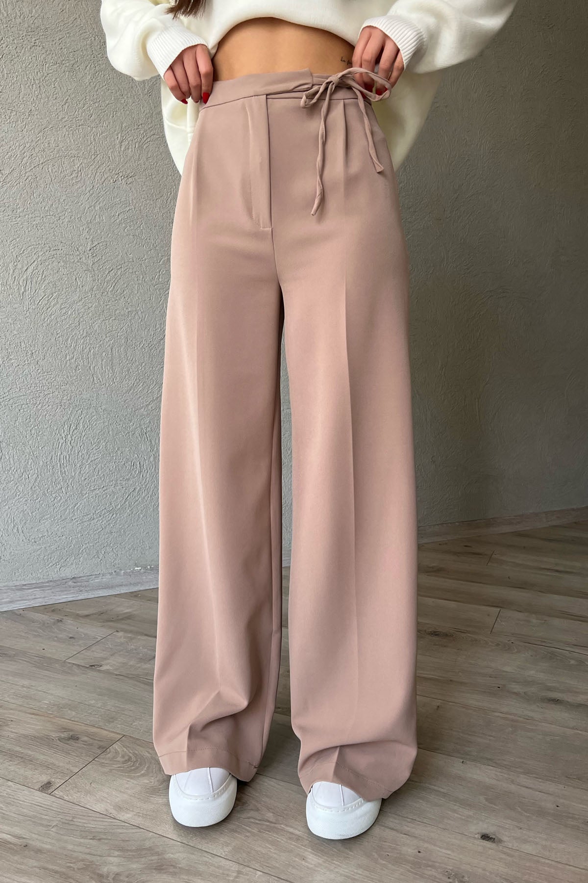 Vizon Beli İpli Tek Pileli Bol Paça Pantolon SY-1351-Vizon