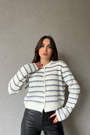 Ekru Lacivert Çizgili Şardonlu Gold Düğmeli Yuvarlak Yaka Hırka SY-1365-Ekru