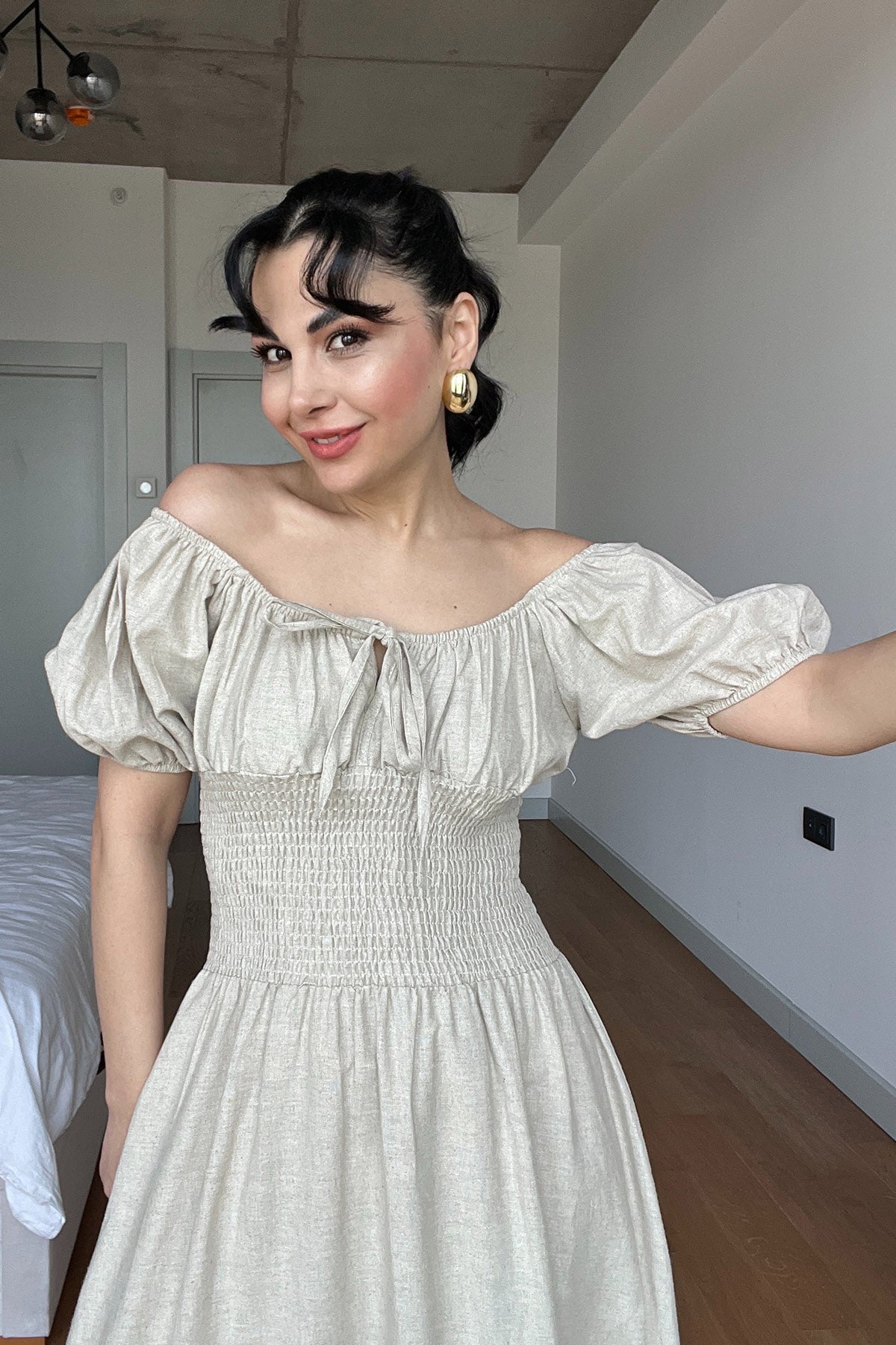 Bej Önü Gipeli Kısa Kol Elbise SY-3005-Bej