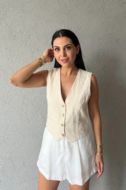 Krem Düğmeli Keten Yelek SY-2229-Krem