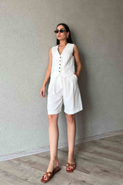 Beyaz Krep Yelek Bermuda Şort Takım SY-1998-Beyaz