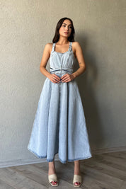 Açık Mavi Tasarım Bağlama Detay Denim Uzun Elbise SY-0836-Açık Mavi