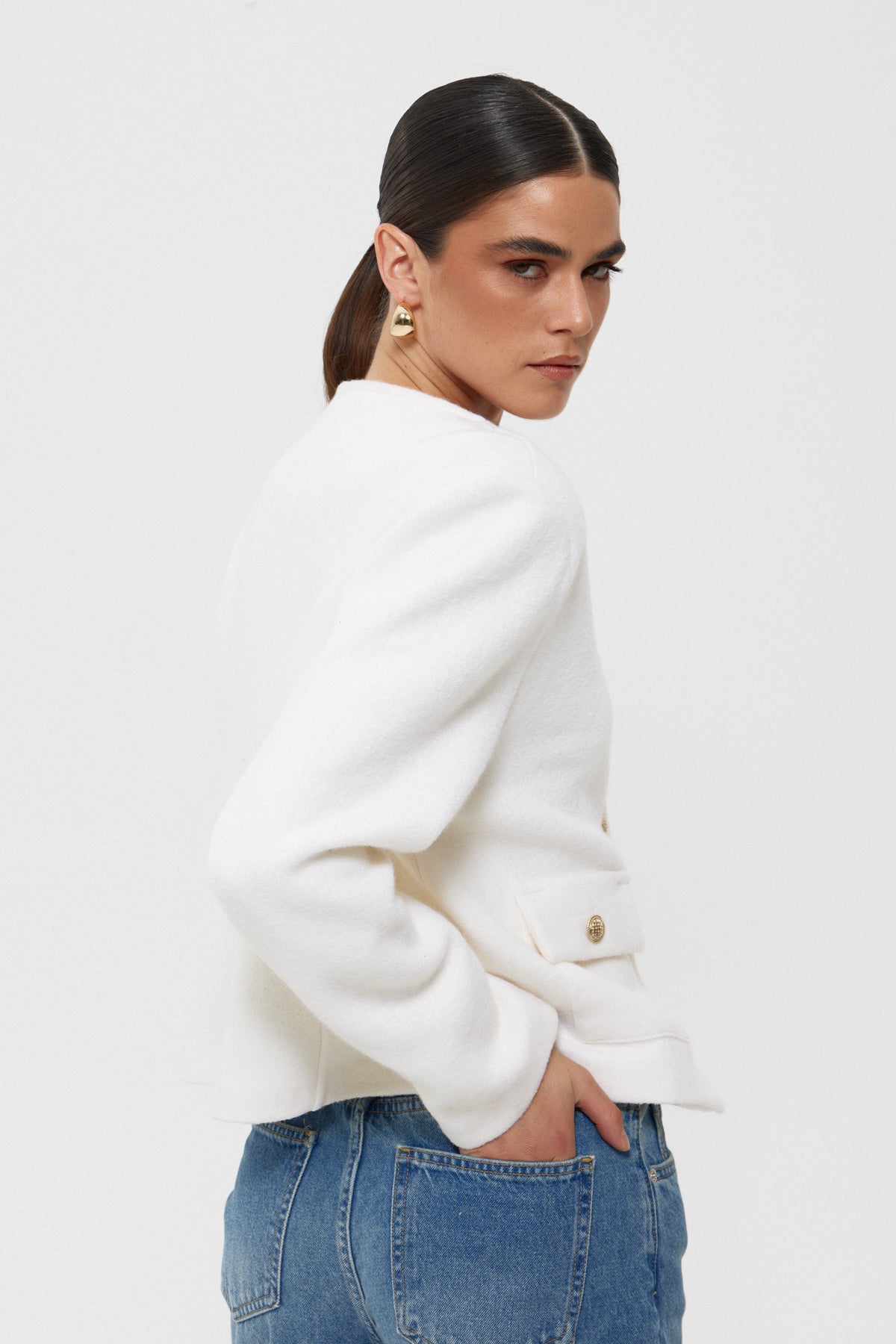 Ekru Gold Düğme Detaylı Örme Keçe Ceket SY-2478-Ekru