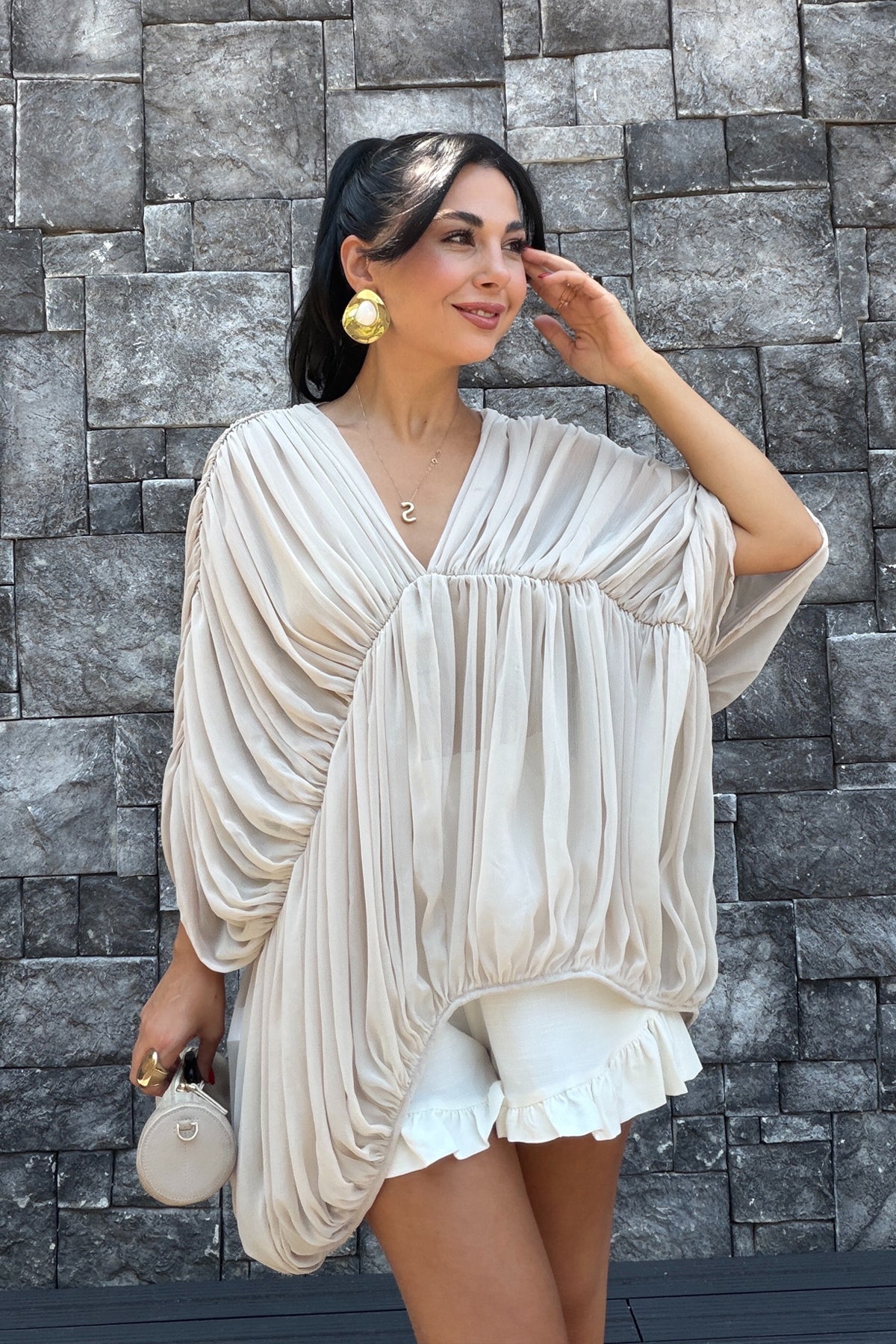 Drapeli Vizon Pinterest Şifon Bluz SY-3803-Vizon