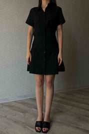 Siyah Önü Düğmeli Pile Detaylı Gömlek Elbise SY-2042-Siyah