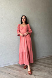 Gül Kurusu Düşük Kol Balenli  Gofre Kumaş Uzun Elbise SY-1779-Gül Kurusu
