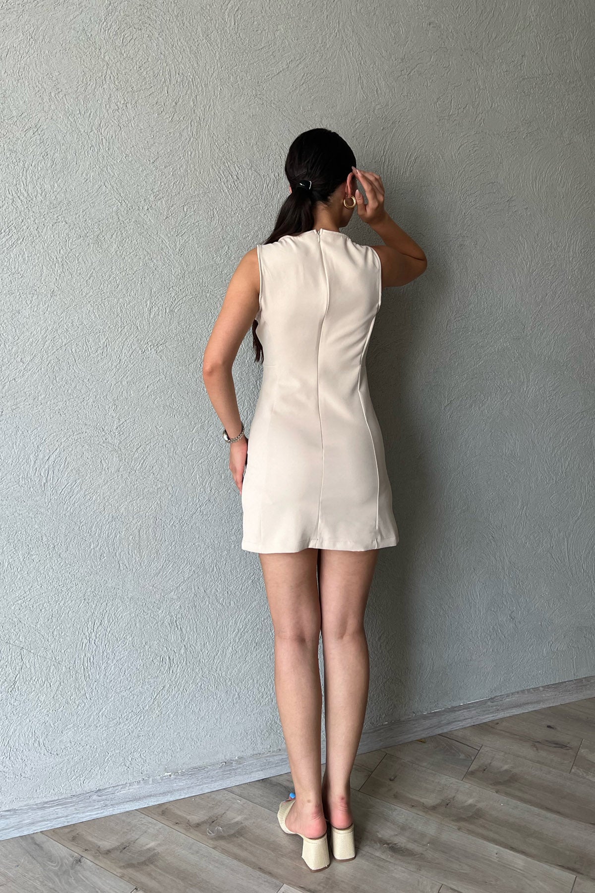 Bej Sıfır Kol Mini Elbise SY-2276-Bej