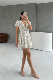 Balon Kol Sarı Çiçekli Mini Elbise SY-3055-Ekru