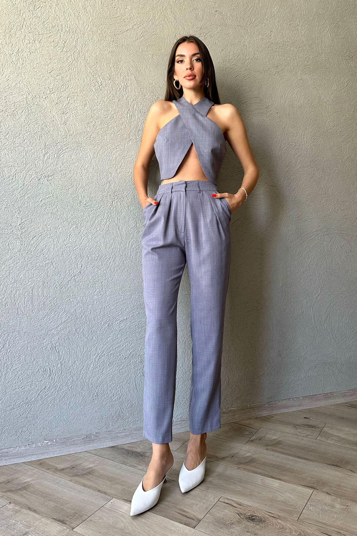 Gri Özel Tasarım Crop ve Pileli Bol Kesim Pantolon Takım SY-0511-Gri
