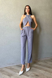 Gri Özel Tasarım Crop ve Pileli Bol Kesim Pantolon Takım SY-0511-Gri
