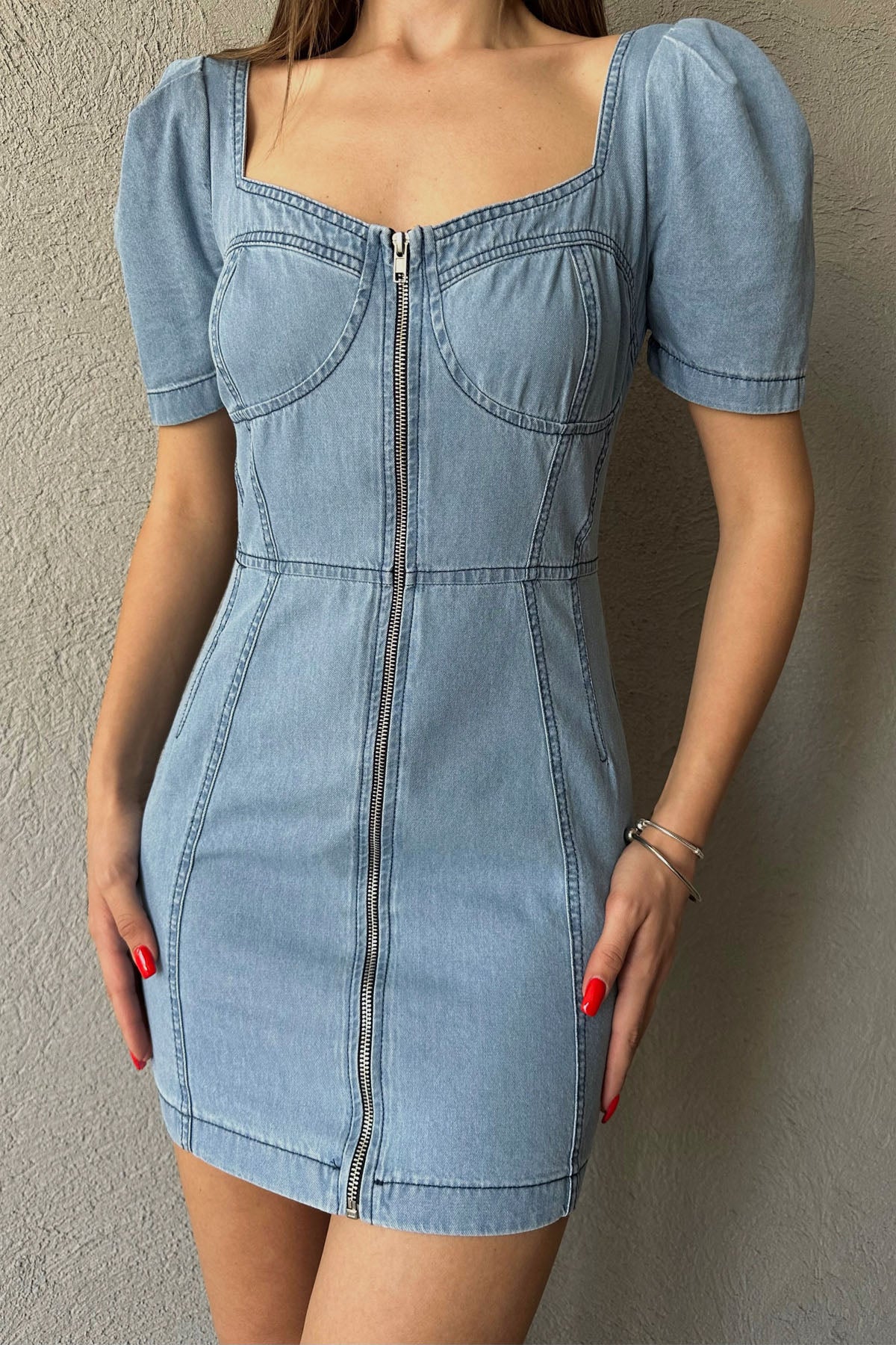 Mavi Önü Fermuarlı Kısa Denim Elbise SY-0478-Mavi