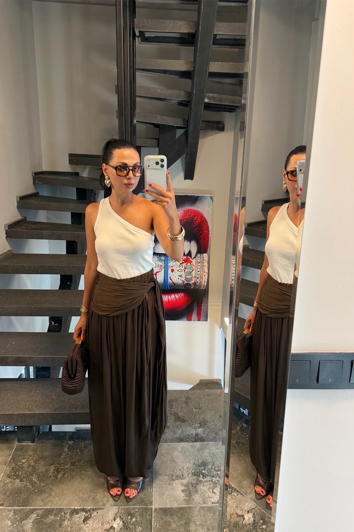 Kahverengi Kuşak Detaylı Dökümlü Şalvar Pantolon SY-3781-Kahverengi
