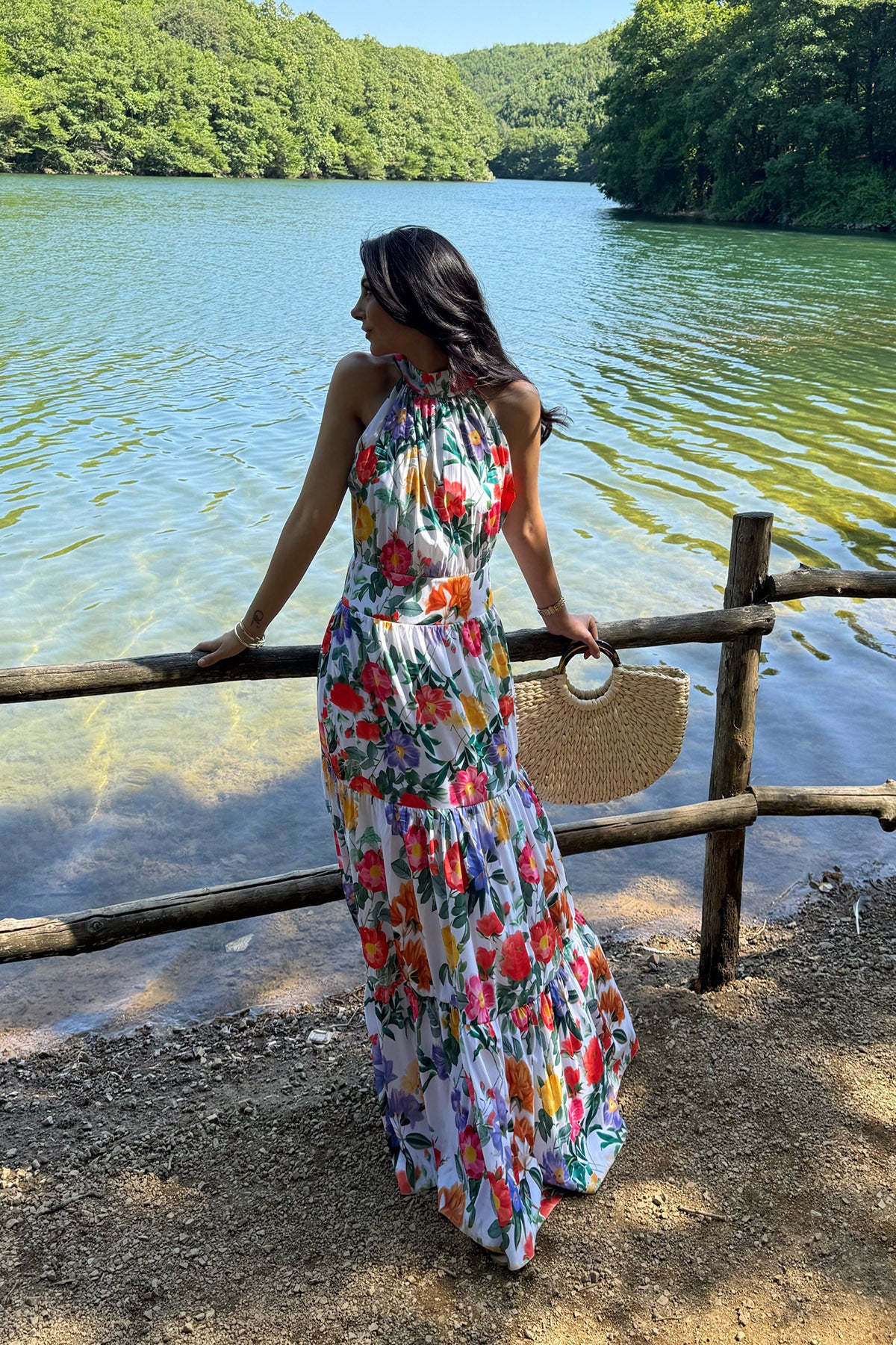 Halter Yaka Çok Renkli Çiçekli Elbise SY-3232-Renkli