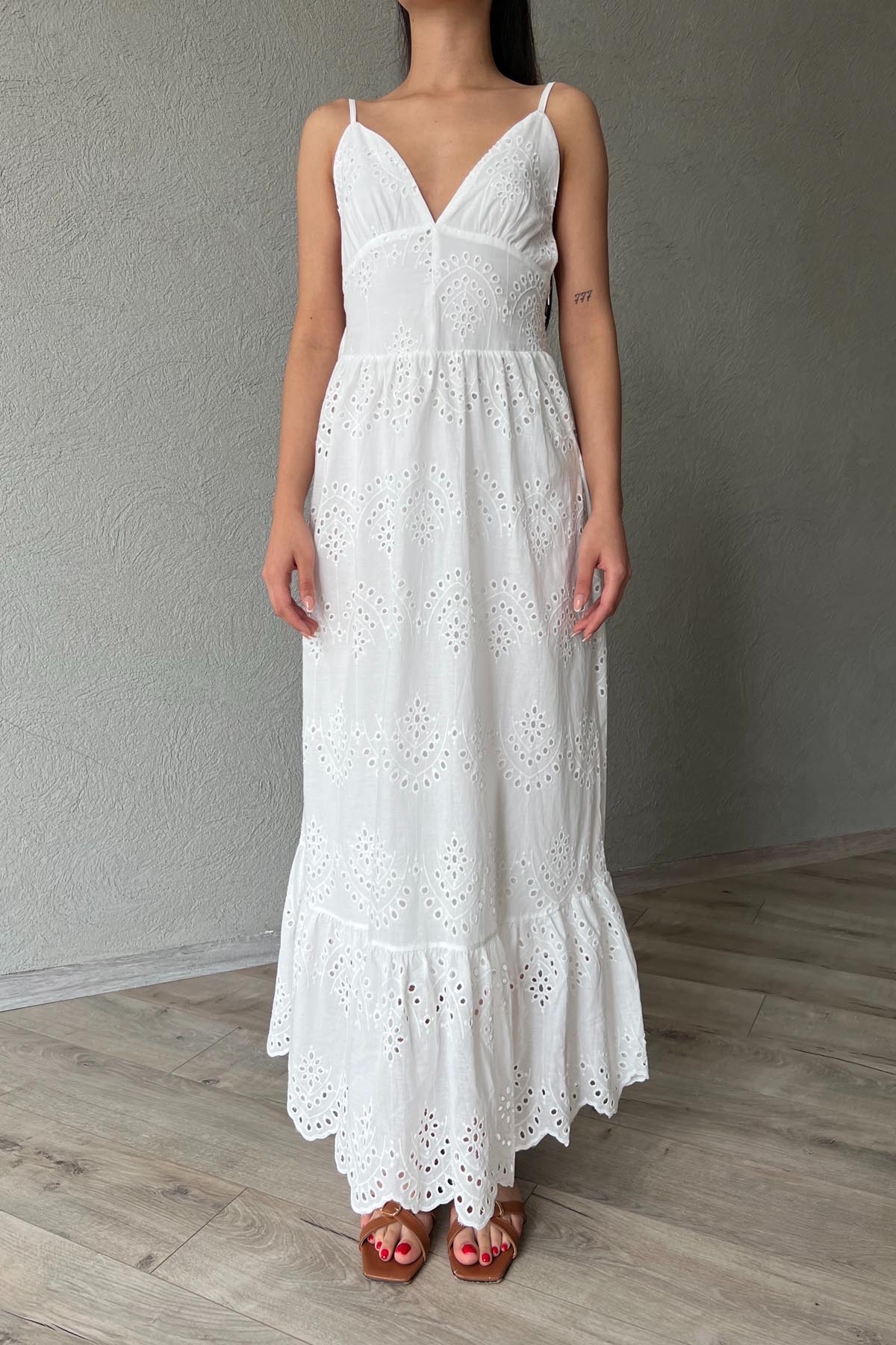 Beyaz Askılı Brode Napoli Elbise SY-1944-Beyaz