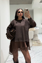 Kahverengi Dantel Detaylı Saten Triko Bluz-Elbise SY-3504-Kahverengi