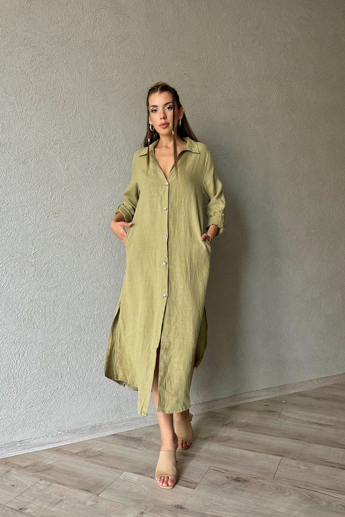Haki Polo Yaka Düğmeli Yandan Yırtmaçlı Keten Elbise SY-0658-Haki