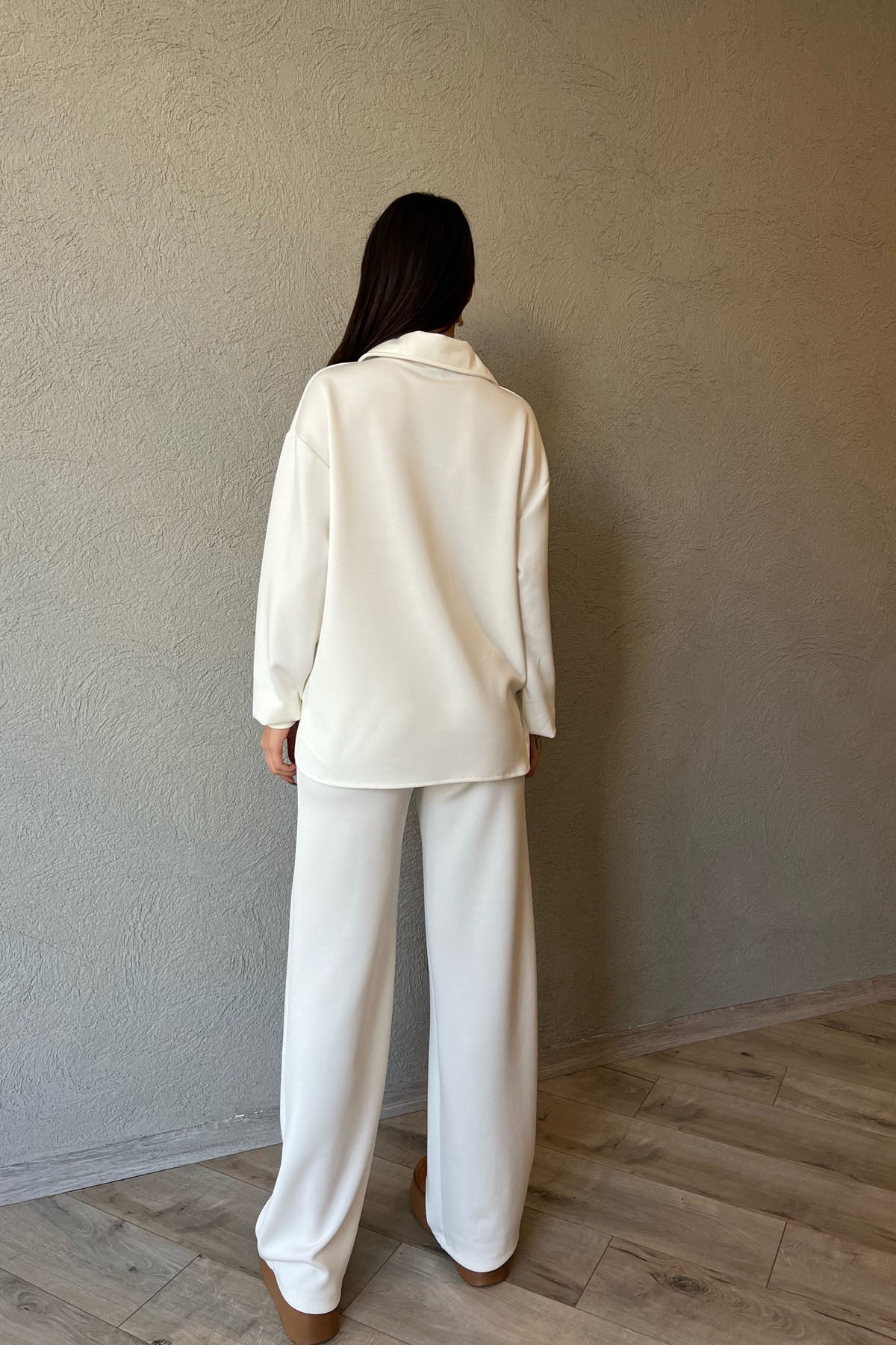 Ekru Fermuarlı Sweat ve Bol Paça Pantolon Takım SY-1490-Ekru