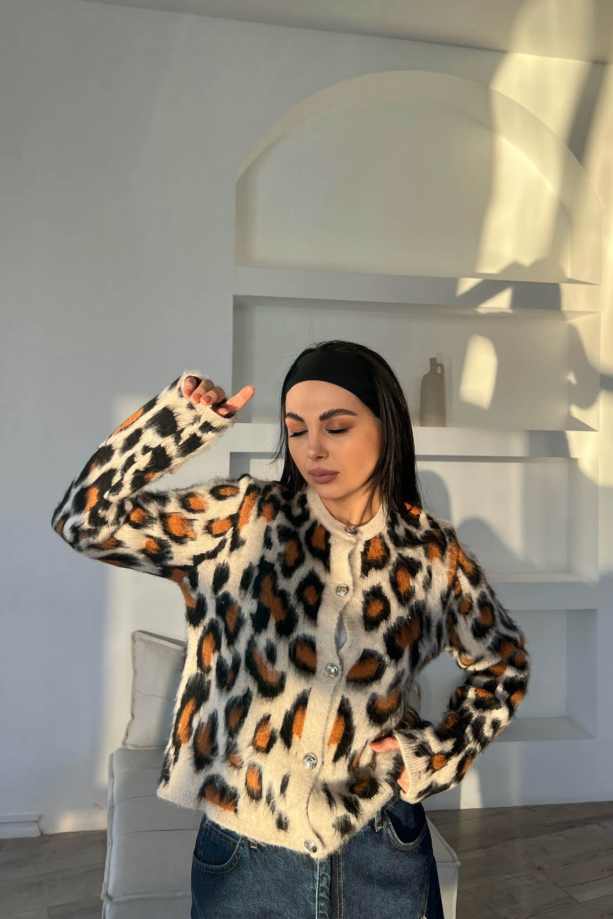 Siyah Vanilya Leopar Desen Gümüş Düğme Detaylı Hırka SY-1586-Siyah Vanilya