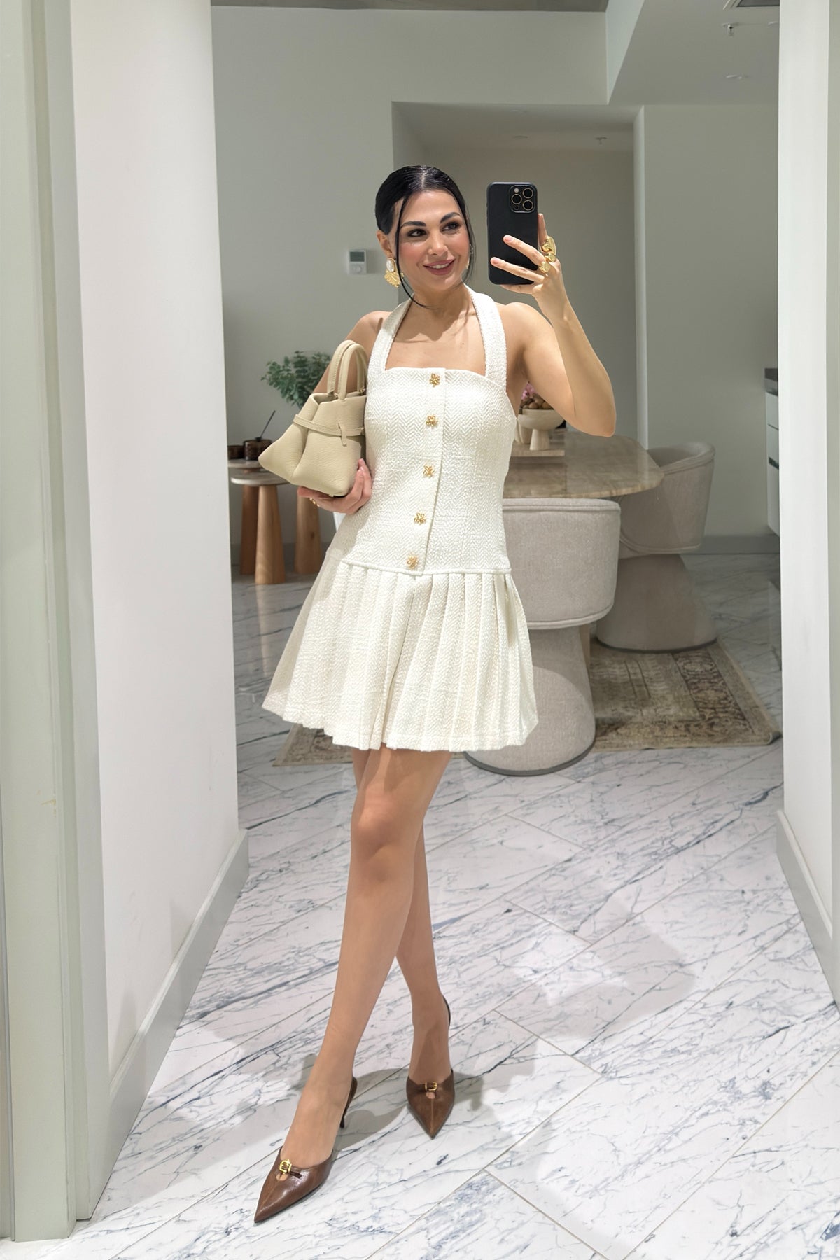 Ekru Gold Düğmeli Tüvit Sisra Mini Elbise SY-3626-Ekru