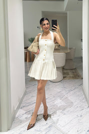 Ekru Gold Düğmeli Tüvit Sisra Mini Elbise SY-3626-Ekru