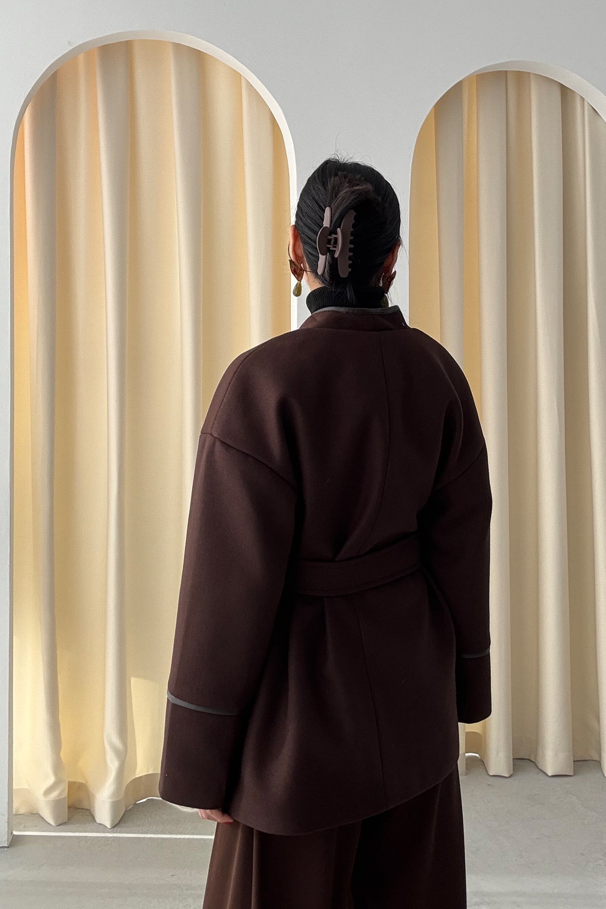 Kahve Deri Biyeli Kemerli Palto Ceket SY-3484-Kahve