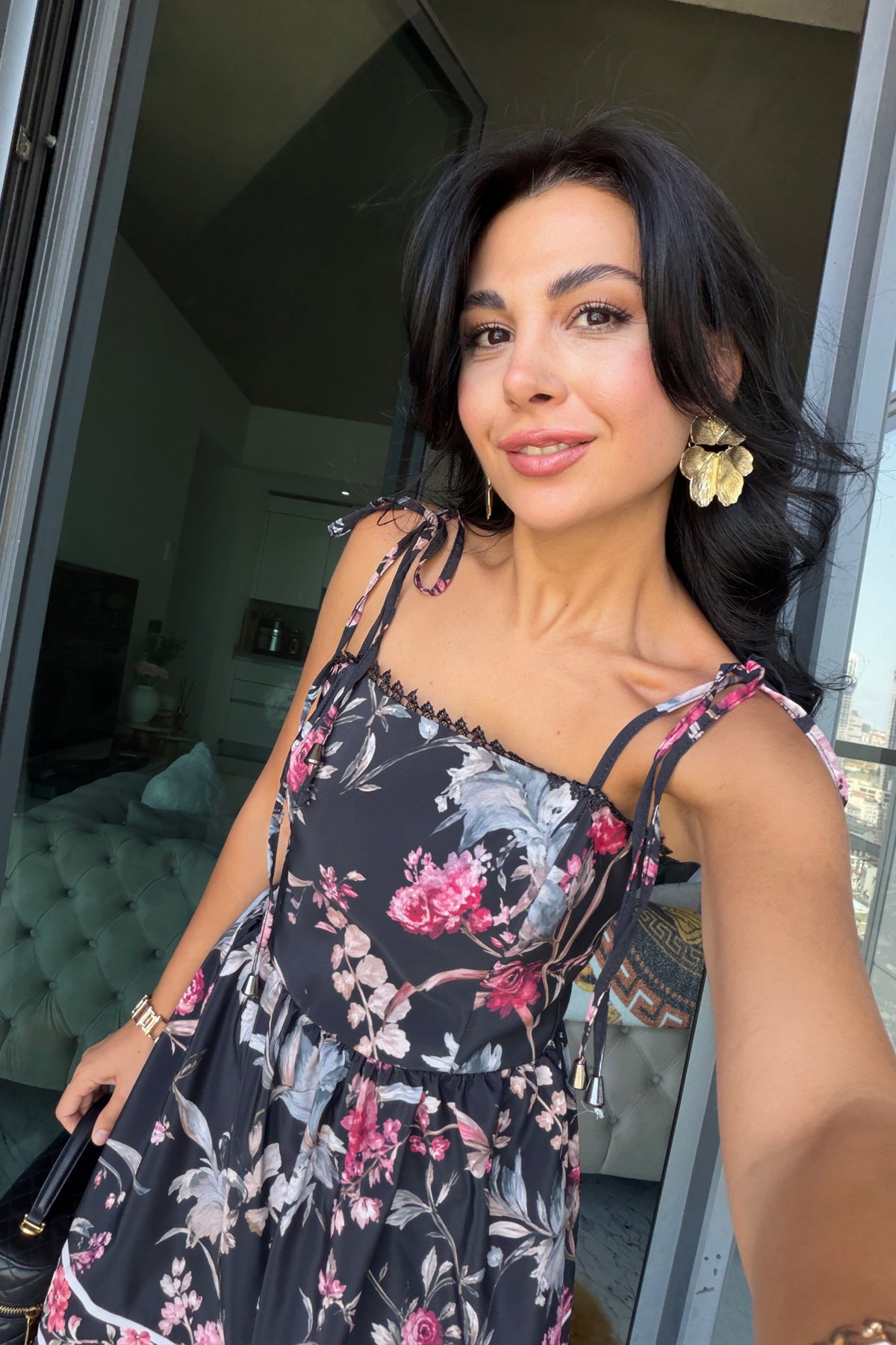Siyah Floral Desenli Kat Kat Elbise SY-3822-Sİyah