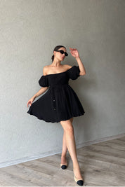 Siyah Prenses Balon Kol Mini Elbise SY-2304-Siyah