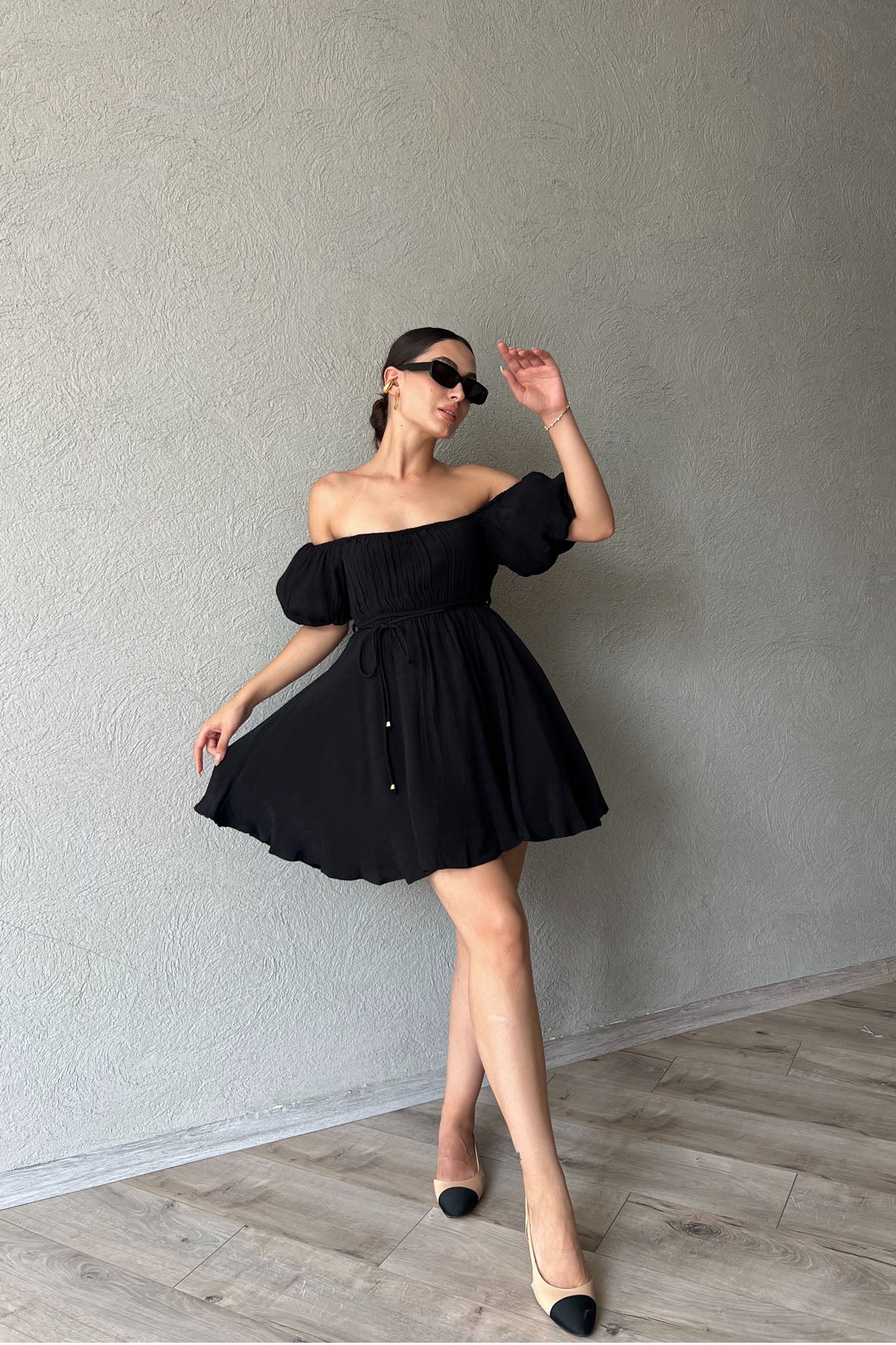 Siyah Prenses Balon Kol Mini Elbise SY-2304-Siyah