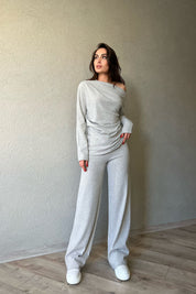 Gri Asimetrik Fitilli Bluz ve Pantolon Triko Takım SY-1299-Gri