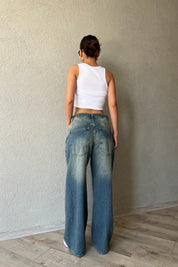 Mavi Yüksek Bel Eskitme Yırtık Detaylı Straight Leg Jean SY-1835-Mavi