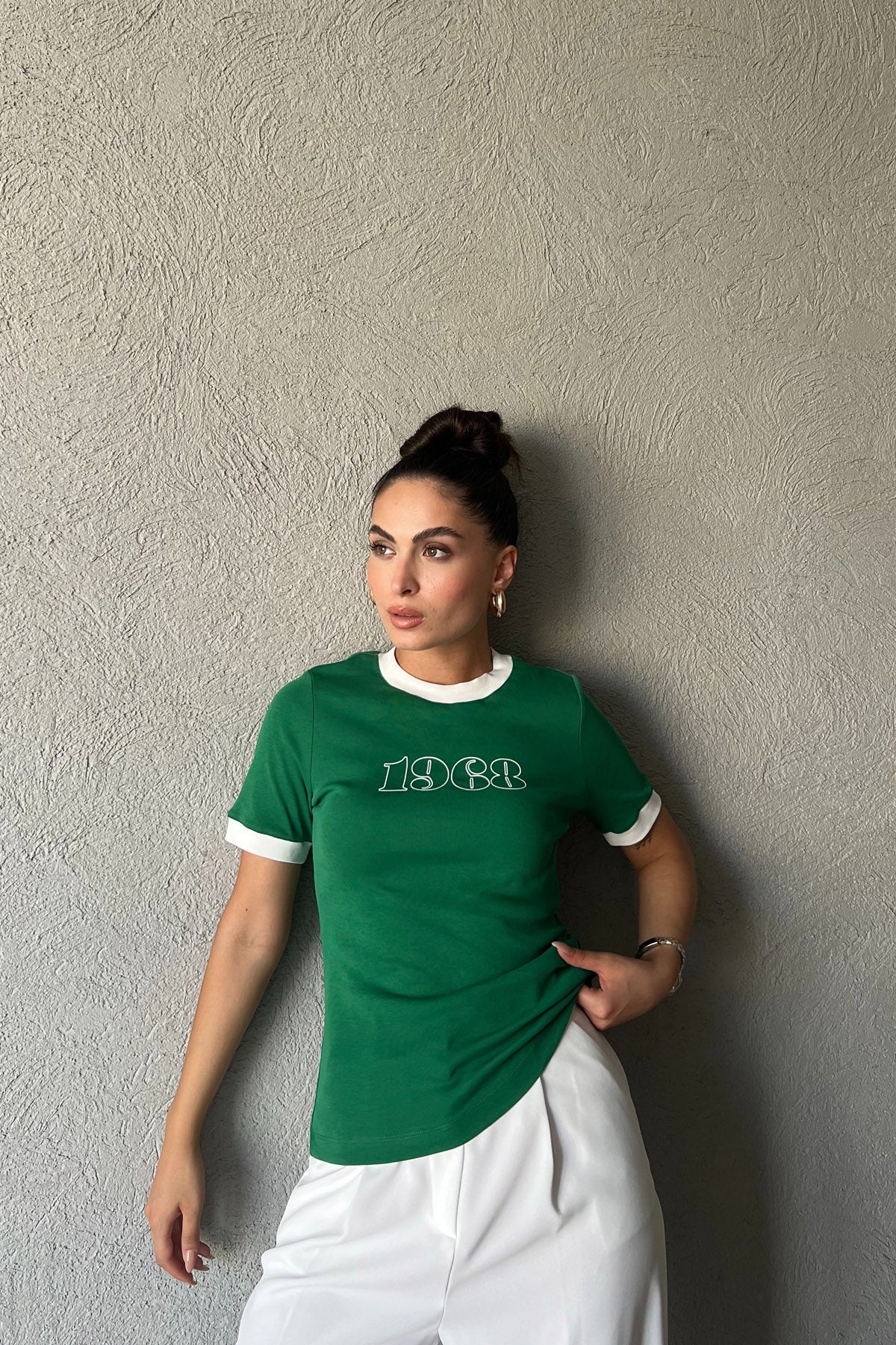 Yeşil 1968 Detaylı Marka Model Basic T-shırt SY-2069-Yeşil