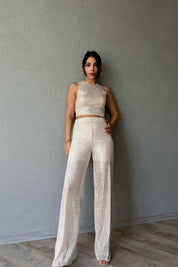 Bej Pullu Transparan Bluz ve Beli Lastikli Pantolon Takım SY-1141-Bej