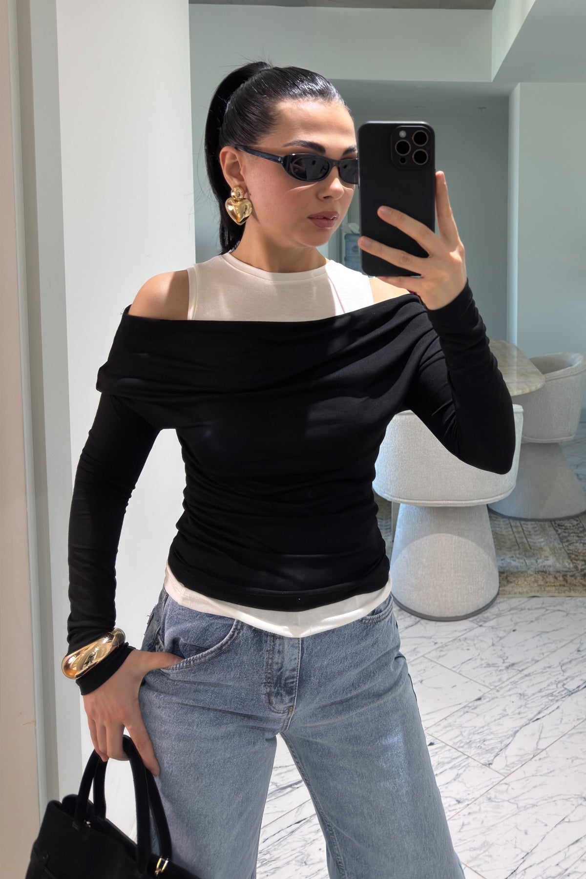 Siyah Atlet Detaylı Asimetrik Bluz SY-3624-Siyah