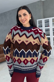 Lacivert Çok Renkli Zigzag Kazak SY-3459-Lacivert