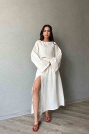 Bej Geniş Kol Detaylı Eteği Yırtmaçlı Müslin Takım SY-1905-Bej