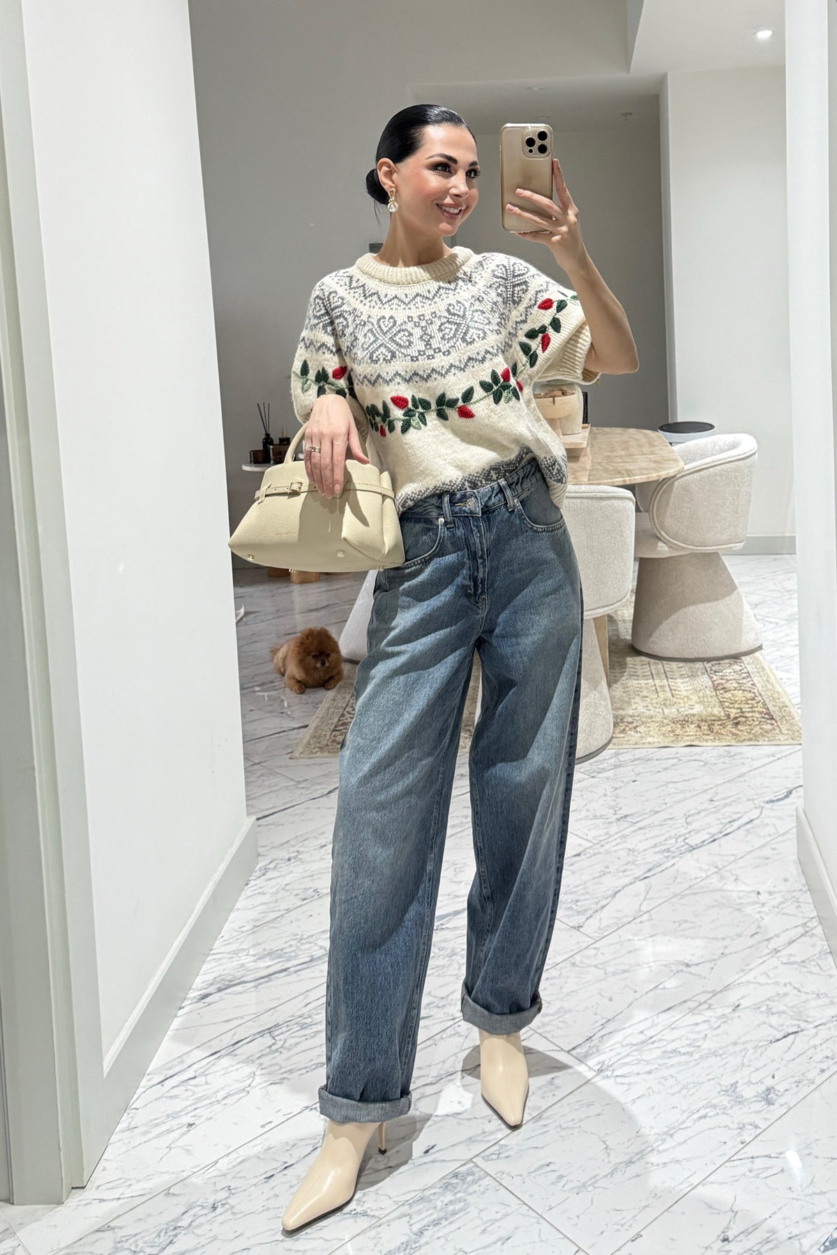 Ekru Nakış İşlemeli Kısa Kollu Triko SY-3552-Ekru