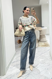 Ekru Nakış İşlemeli Kısa Kollu Triko SY-3552-Ekru