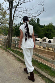 Ekru Şal Yaka Kemerli Yelek Pantolon Takım SY-2101-Ekru