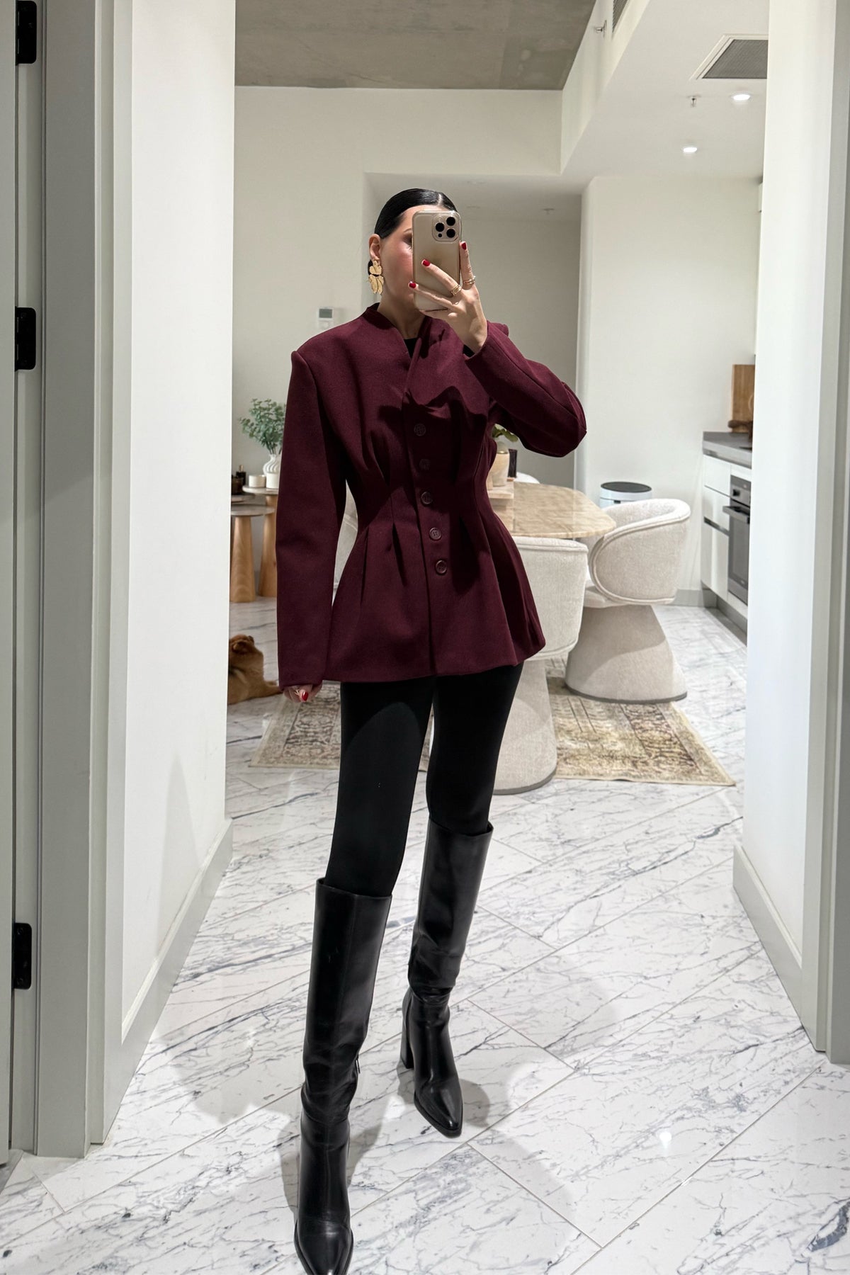 Bordo Belden Oturmalı Kaşe Özel Üretim Ceket SY-3416-Bordo